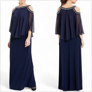 Alex Evenings Cold Shoulder Popover Jersey Chiffon Gown Beaded Neckline NWT 14